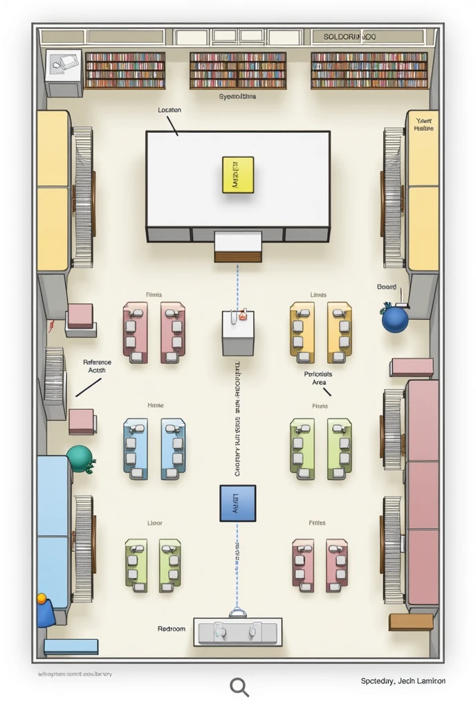 A map of a library so people can know where the shelves are and other things in a library, similar to a floor plan.