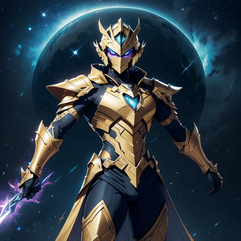 It's a man. The image presents a highly detailed and futuristic armor designed for a male warrior. The armor combines elements from different parts to create a cohesive and powerful look. Helmet: The helmet features a sleek, aerodynamic design with a golden metallic finish. It has a central crest that rises upwards, and the visor glows with a bright blue light, giving it a high-tech, futuristic appearance. Pauldrons (Shoulder Pads): The shoulder pads are designed to be close to the chest, with angular lines extending smoothly toward the shoulders. They have a polished golden finish and curve elegantly upward, creating a harmonious transition between the chest and shoulders, while providing a majestic and protective look. Chest Plate: The chest plate is intricately segmented, with a combination of gold and dark metallic blue. It has a gem-like crystal in the center that emits a soft, mystical glow. The design of the chest plate is both protective and regal, with sharp, angular lines that add to the overall futuristic aesthetic. Arm Guards: The arm guards are sleek and streamlined, with articulated golden and purple segments that offer flexibility and protection. The design of the gauntlets is both robust and elegant, incorporating futuristic elements that blend with the classic style. Leg Armor: The legs are armored with segmented plates that are primarily gold and purple. The boots are angular and sturdy, with a design that conveys both strength and agility. The overall look of the leg armor is grounded yet sleek, completing the ensemble with a powerful stance. The background of the image is a dark cosmic scene, filled with distant stars and nebulae that highlight the polished surfaces of the armor. Dynamic lighting is used to emphasize the key features, particularly the glowing visor and central chest gem, reinforcing the mystical and imposing nature of the warrior.