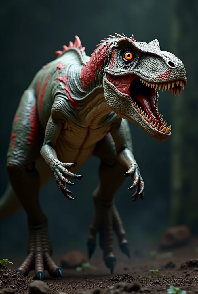 a velociraptor full of red markings, Terror, tenebrosa, shining eyes