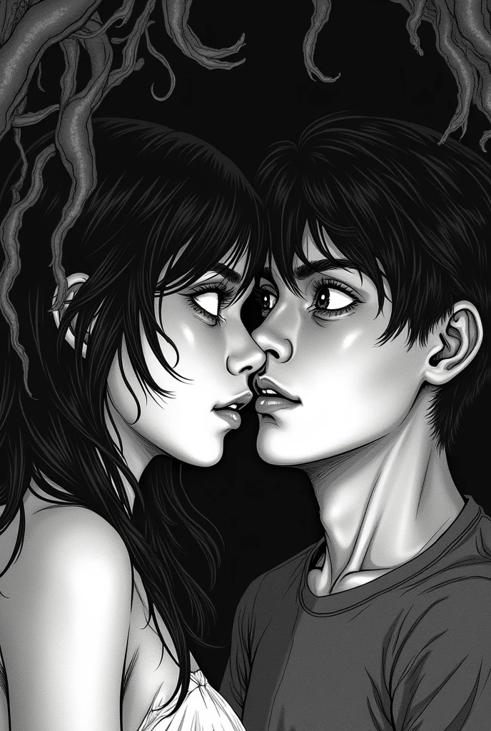 A black and white manga-style illustration reminiscent of Junji Ito's horror works. The scene features a young man, sexy woman with a ghostly presence, but attractive. She has a lot of time, dark, flowing hair that subtly merges with shadowy tendrils that creep from its surroundings. His eyes are wide, concentrated, and frighteningly captivating, conveying beauty and an unsettling sense of apprehension. His facial expression is enigmatic, hinting at something sinister behind their outward attraction. The background is dark and atmospheric, with detailed textures, including organic and twisted shapes, surreal elements. The general tone should be Gothic., weirdcore, and full of disturbing tension, remaining true to the essence of horror that defines Junji Ito's style.