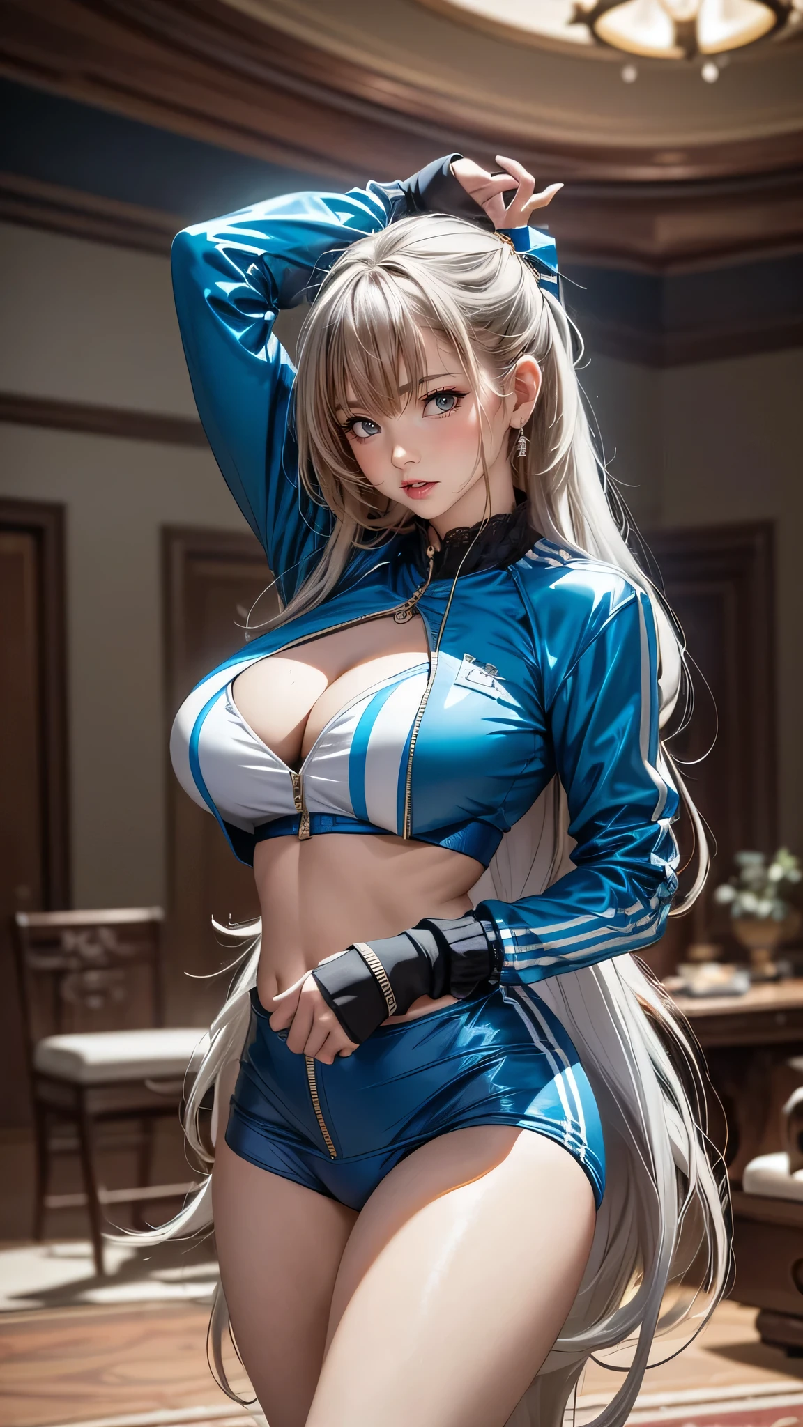 wide depth of field, wide depth of focus, f/11 lens setting, all objects in focus, full color image, woman two chrome pistols, holding 2 pistols, large fraternity game room, full body image, (two tone royal blue and white short cropped soft shiny satin bomber jacket with stripe down sleeve), zipped up jacket, shiny satin leggings, woman posing with two pistols, long beautiful hair, confidant smile, pure form, intricate details, 8K post-production, high resolution, super detailed, Popular topics on Artstation,, Studio photos, intricate details, Very detailed, she stands in the middle of the room and she is surrounded by a large pile of defeated men laying unconscious with closed eyes on the floor
