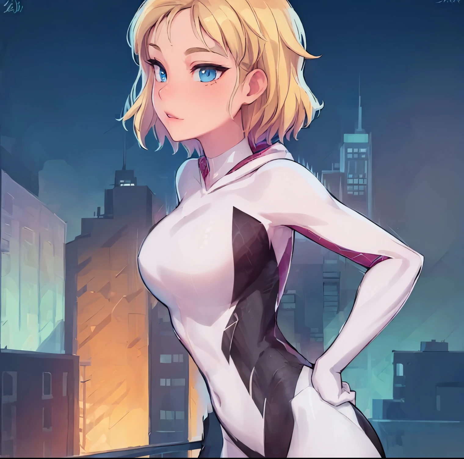 ((1girl)),((alone)),Gwen stacy,\( spiderman\),(masterpiece), (best quality), (ultra detailed), (best illustration), (best shadow), (absurdities), sharp focus, cowboy shot, atmospheric perspective, depth of field, dynamic posture, ((looking at viewer)), medium breasts, narrow waist, medium hips, wide thighs, round butt, erotic, romantic, (highly detailed eyes, lips 1.1), very detailed eyes, eyes, Very detailed face, Very beautiful face, Symmetrical face, Aesthetic face, perfect face, perfect eyes, detailed eyelashes: 1.5), full height, beautiful slim figure, femininity, expressive appearance, elastic big breasts , sexuality, parted lips, (blue eyes), blonde hair, short hair, Ghost spider, gwen in a black suit with a spider in the center of her chest in white, organic looking suit, sticky forehead, symbiote, white eyes, curves, defined body,Perfect and beautiful body, perfect and beautiful, closed mouth, mocking smile, flirtatious expression,(sexy pose: 1.2), ((solo)), standing: 1.3,((outdoor, cityscape, city, rooftop of a skyscraper, buildings, leaning on a railing, buildings, night, city lights)), Looking forward, ((focus on the hips)), point of view: (from middle:1.3), perfect anatomy, perfect hands