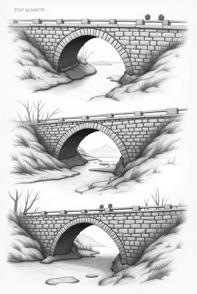 Step by step drawing of a stone bridge