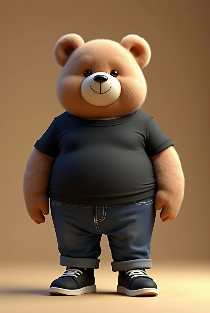 3d fat teddy bear cartoon dressed in black shirt and jeans black sneakers with white details middle aged nerd with friendly face 4k