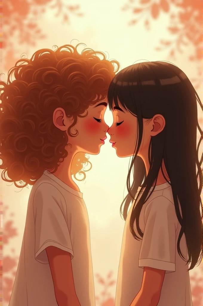 Two little girls, one with curly hair and the other with straight hair, kissing each other.