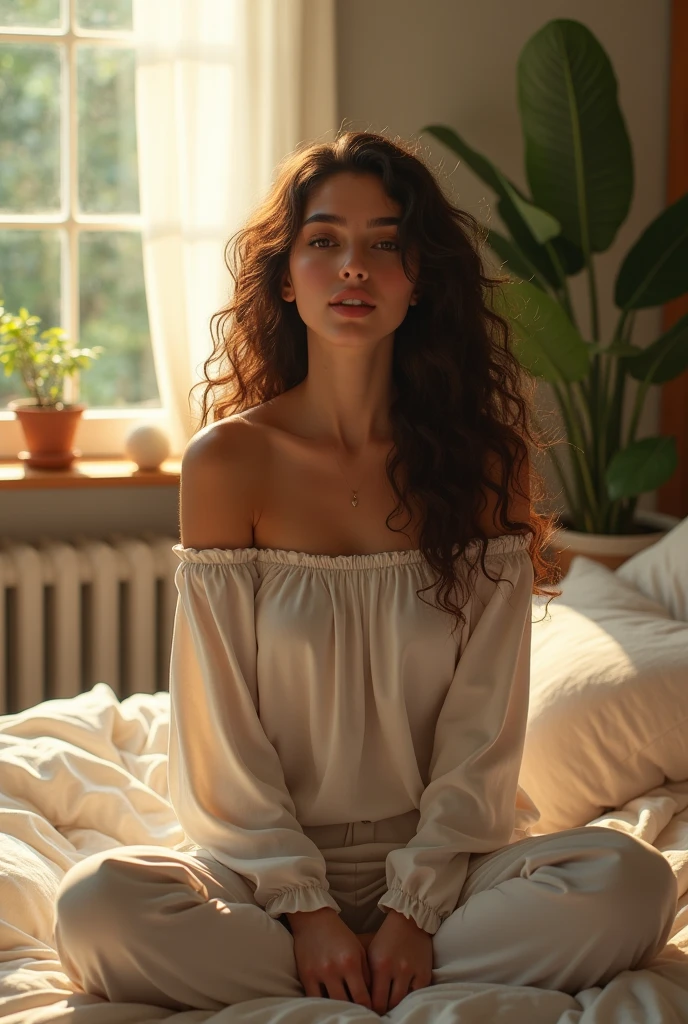 (photorealism:1.2), beautiful woman, sitting on bed, wearing loose off-shoulder top, pajama pants, long curly hair, indoors, soft lighting, plants in background, window with sunlight, cozy room, relaxed pose, realistic, intricate details, warm colors, by Greg Rutkowski, by Alphonse Mucha