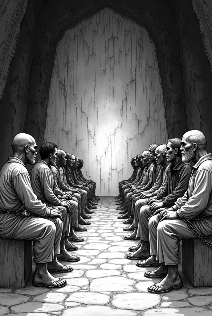 Create black and white line drawings or hatch art that represent all the villagers sitting in rows, chained and looking at the back wall of the cave with the shadows cast by the fire. 