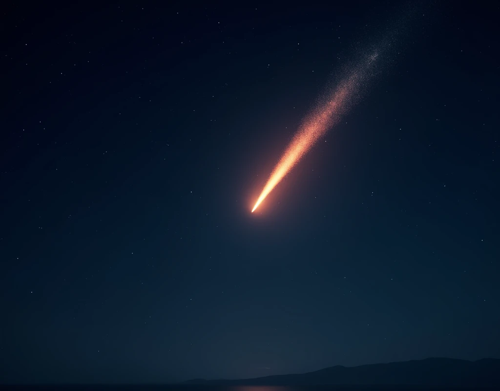 night sky will shooting star, hyperrealistic, realistic image of a shooting star, professional photography, small shooting star, it is high in the sky