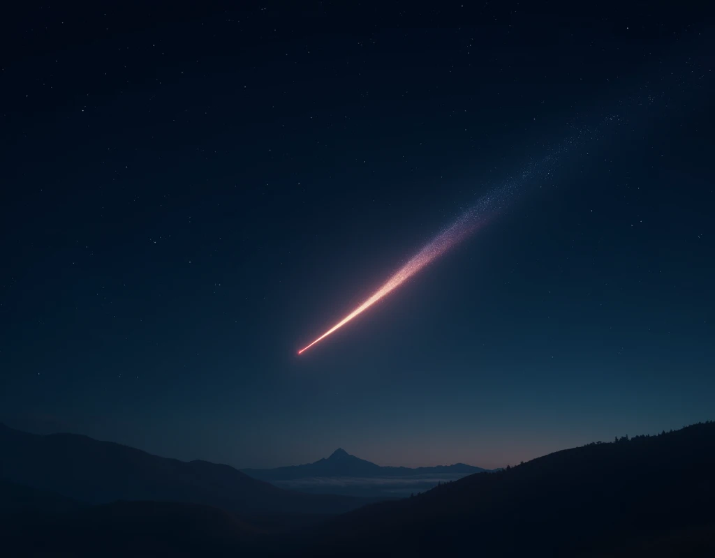night sky will shooting star, hyperrealistic, realistic image of a shooting star, professional photography, small shooting star, it is high in the sky