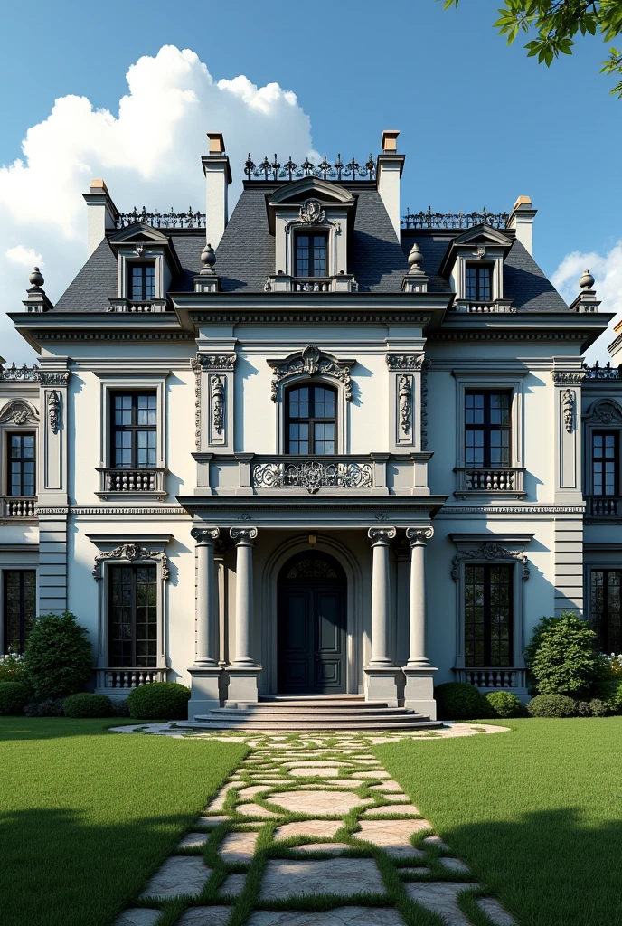 Make a realistic black and white facade for a richer mansion in the French style. The facade, which is black and white, can have colors like the sky, for example, and grass on the floor in the French mansion style. 