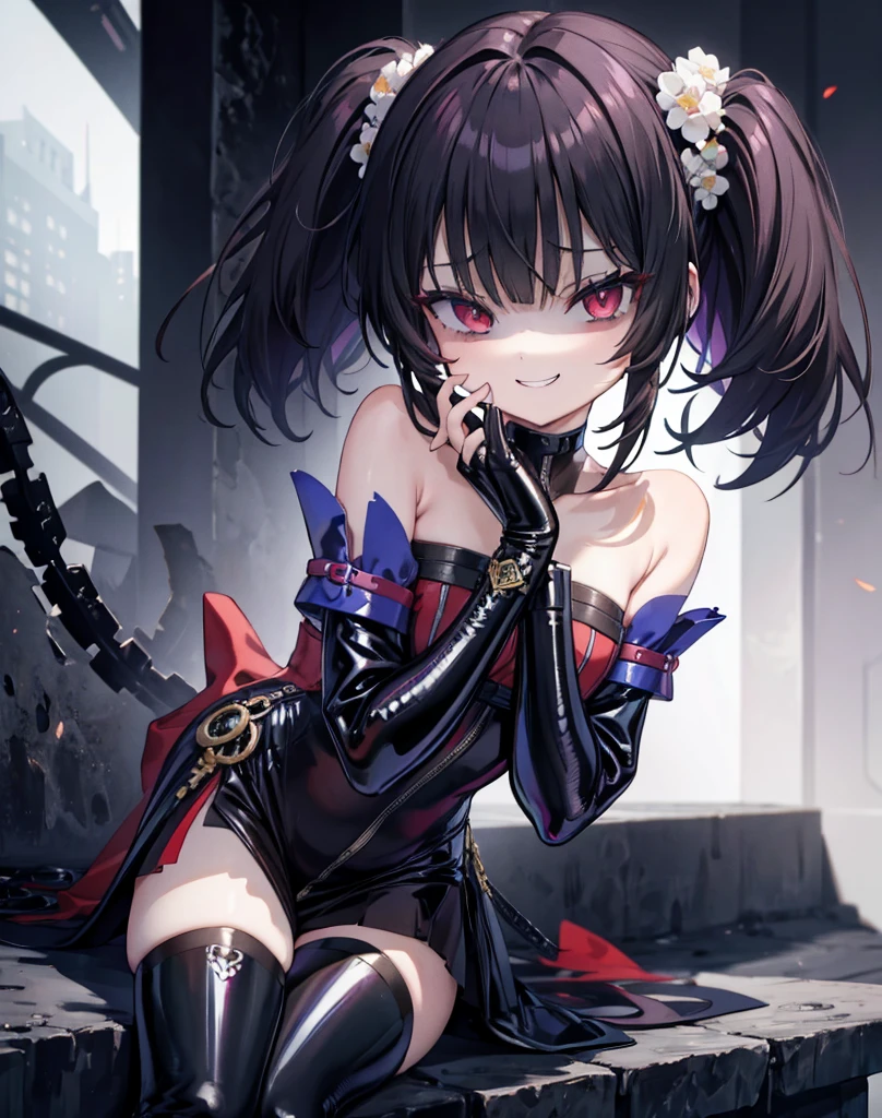 ((Highest quality)), (masterpiece)), (detailed: 1.4), Disorganized solutions、High resolution、(masterpiece:1.4)、Super detailed、Beautiful girl、Highest quality、masterpiece、Very detailed、(1 person):1.4、(Black latex)、、Twin tails、Short Twin tails、choker、:1.1,(Shiny latex)、elbow full gloves,thighhigh  boots,Ominous dark landscape,Dark aura,ruins,,Bloodbath,evil grin,evil smile,Anxious smile,Evil Shadow,Black thunder。Dark aura