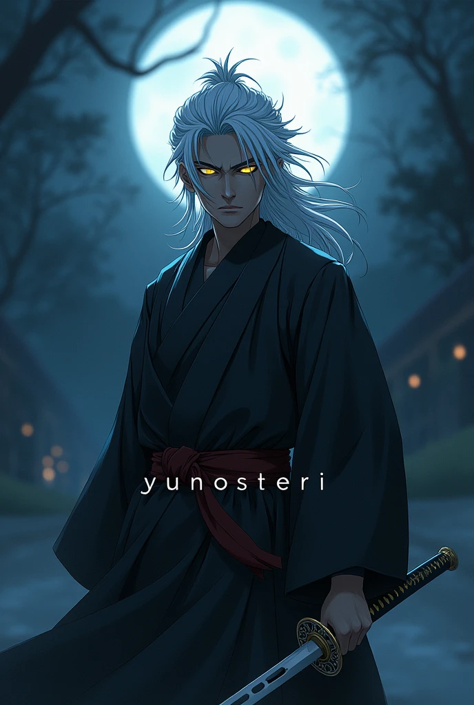 Man with white hair, whose eyes glow slightly and a katana in the night in anime style, in the middle of the picture the word Yunosteri