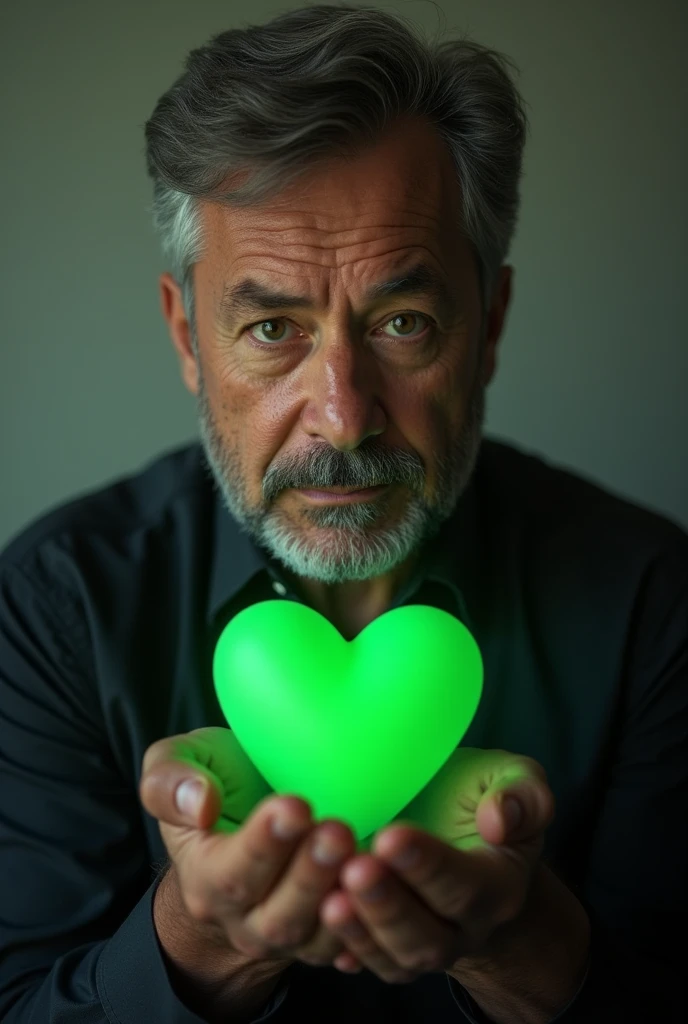 Man holding a green heart in his handsMan holding green heart in his hands and looking at camera