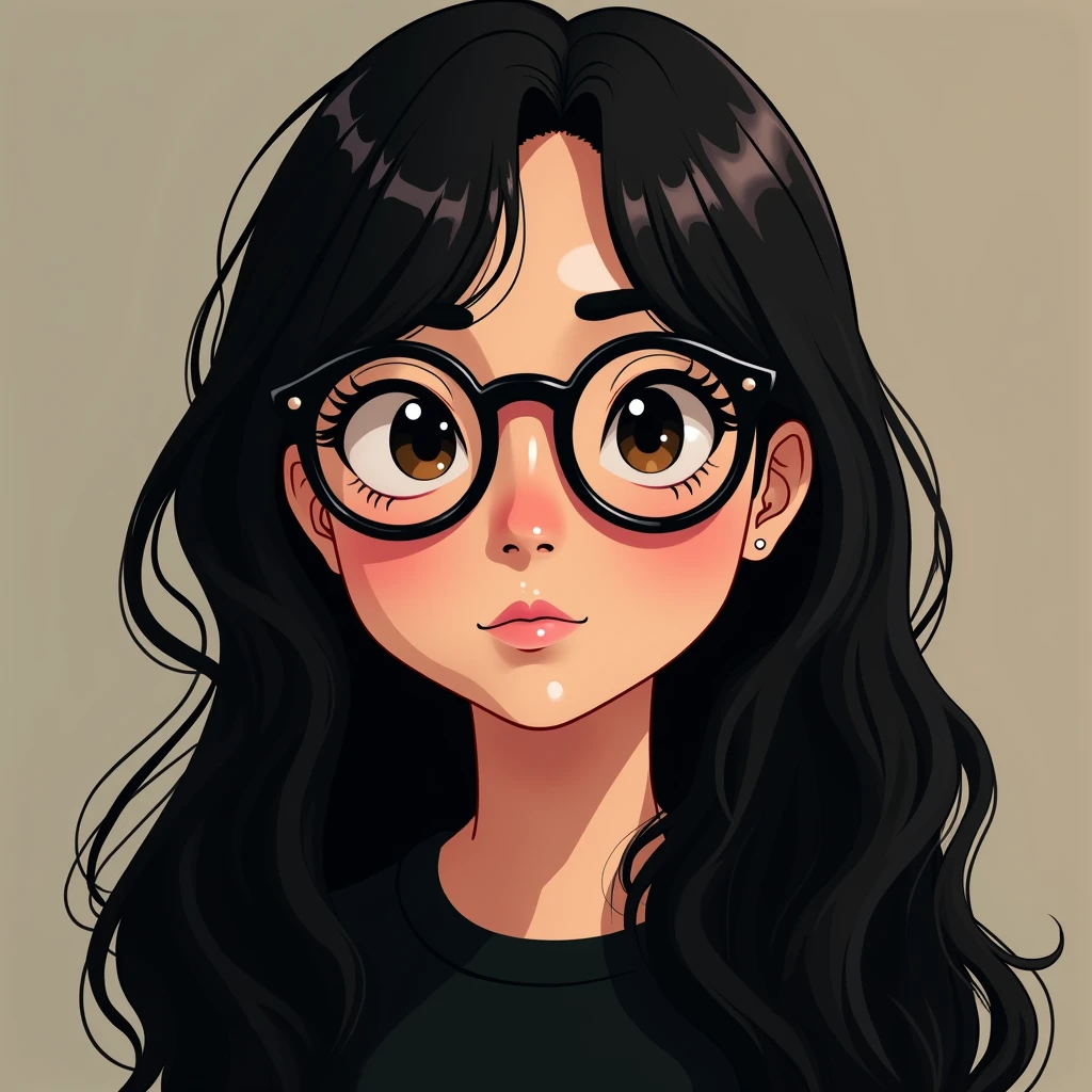 A close-up of a person wearing glasses and a black shirt, wearing Black frame glasses, Tina Belcher as a real person, Gordon Freeman as a woman, wearing big thin round glasses, Black frame glasses, inspired by Sim Sa-jeong, usando Black frame glasses, wearing small round glasses, long wavy black hair and glasses, androgynous person, adult character