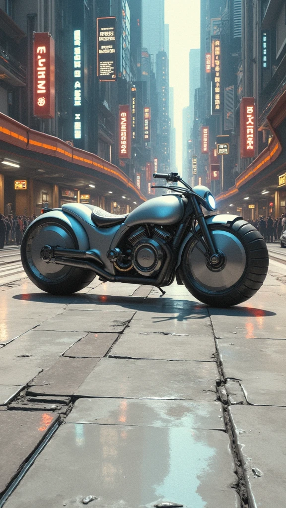 Mettre la moto en evidence dans une ville cyberpunk avec les neons des batiments bleu