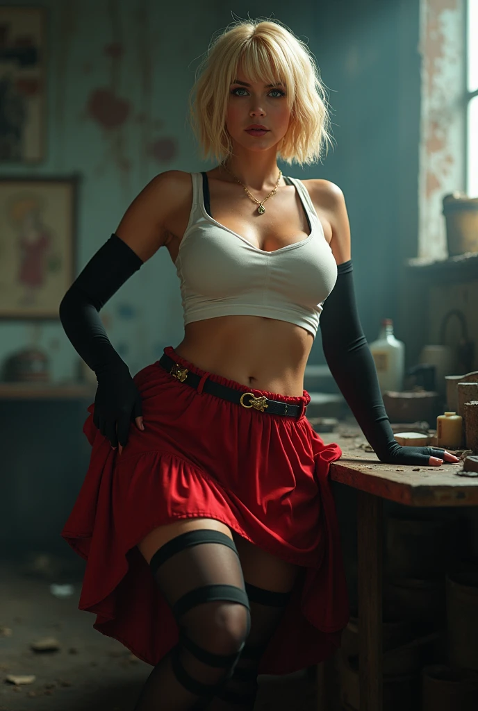 Marie Dee, a blonde , blue eyes, short hair,wearing a red skirt and ,White crop top,black thigh high stockings,black elbow length gloves, big breat, Leaning on a table you can see her huge butt, she lifts herrt and reveals her buttocks, Thigh straps apocalyptic world seductive look
