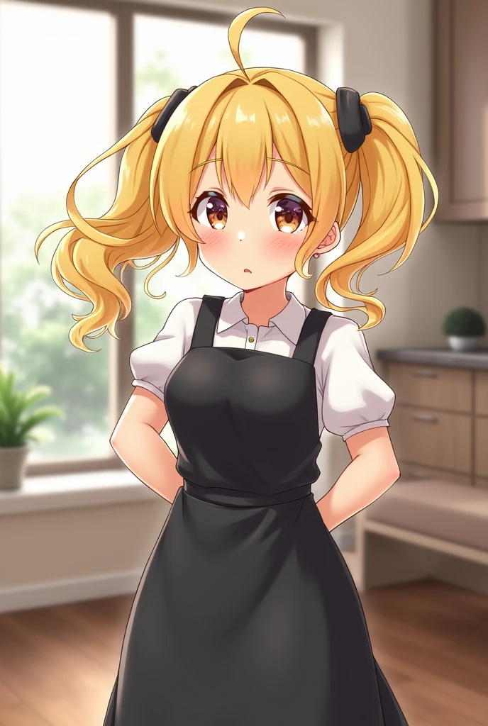 One Girl,Housekeeper,sweeper,Golden Hair,Twin tails,Big tail,Curly Hair,Black work clothes,apron,Red and blue eyes,Embarrassed face,small,Large Breasts,