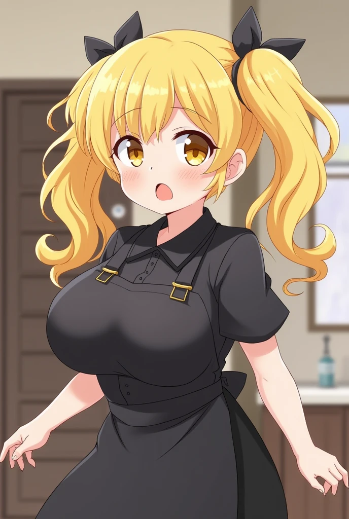 One Girl,Housekeeper,sweeper,Golden Hair,Twin tails,Big tail,Curly Hair,Black work clothes,apron,Red and blue eyes,Embarrassed face,small,Large Breasts,