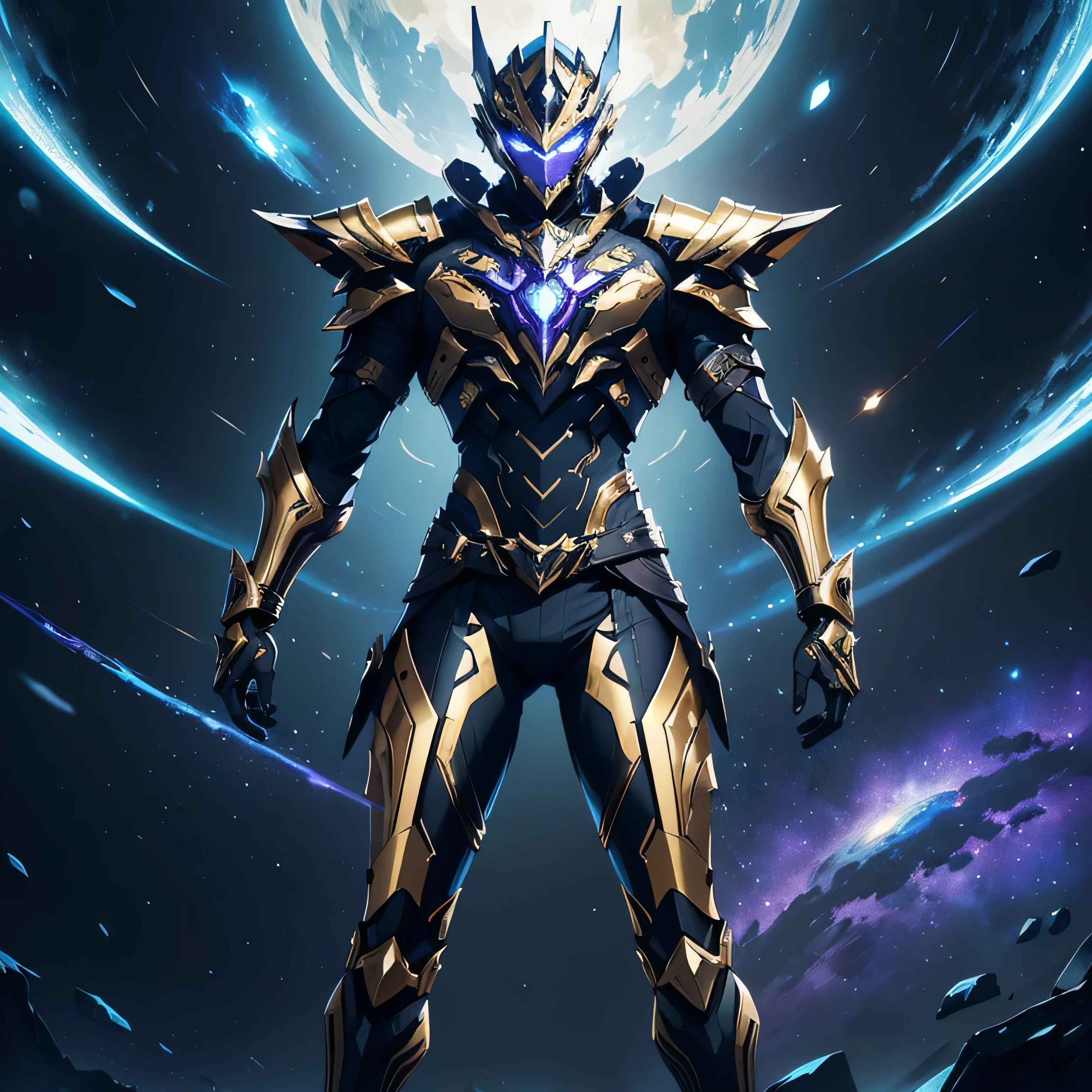 It's a man. The image presents a highly detailed and futuristic armor designed for a male warrior. The armor combines elements from different parts to create a cohesive and powerful look. Helmet: The helmet features a sleek, aerodynamic design with a golden metallic finish. It has a central crest that rises upwards, and the visor glows with a bright blue light, giving it a high-tech, futuristic appearance. Pauldrons (Shoulder Pads): The shoulder pads are designed to be close to the chest, with angular lines extending smoothly toward the shoulders. They have a polished golden finish and curve elegantly upward, creating a harmonious transition between the chest and shoulders, while providing a majestic and protective look. Chest Plate: The chest plate is intricately segmented, with a combination of gold and dark metallic blue. It has a gem-like crystal in the center that emits a soft, mystical glow. The design of the chest plate is both protective and regal, with sharp, angular lines that add to the overall futuristic aesthetic. Arm Guards: The arm guards are sleek and streamlined, with articulated golden and purple segments that offer flexibility and protection. The design of the gauntlets is both robust and elegant, incorporating futuristic elements that blend with the classic style. Leg Armor: The legs are armored with segmented plates that are primarily gold and purple. The boots are angular and sturdy, with a design that conveys both strength and agility. The overall look of the leg armor is grounded yet sleek, completing the ensemble with a powerful stance. The background of the image is a dark cosmic scene, filled with distant stars and nebulae that highlight the polished surfaces of the armor. Dynamic lighting is used to emphasize the key features, particularly the glowing visor and central chest gem, reinforcing the mystical and imposing nature of the warrior.