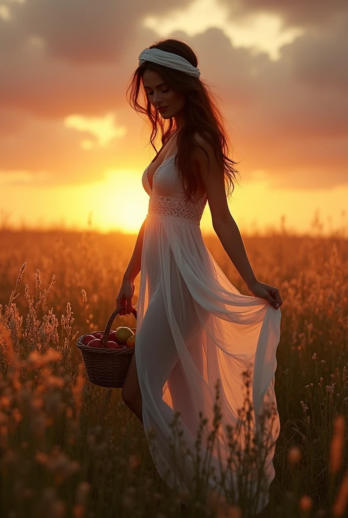 (photorealism:1.2), beautiful woman, brown hair style, on a field, with high grama, with a white scarf on her head, a transparent white peasant-style dress, country-style dress, dark and gloomy atmosphere, posing sideways and looking towards the ground, Transparent dress, realist, intricate details, warm color environment, Lifting up her dress and showing her beautiful legs, extremely bright sun in the background, pose sensual, posing like a top model, with a basket of fruit