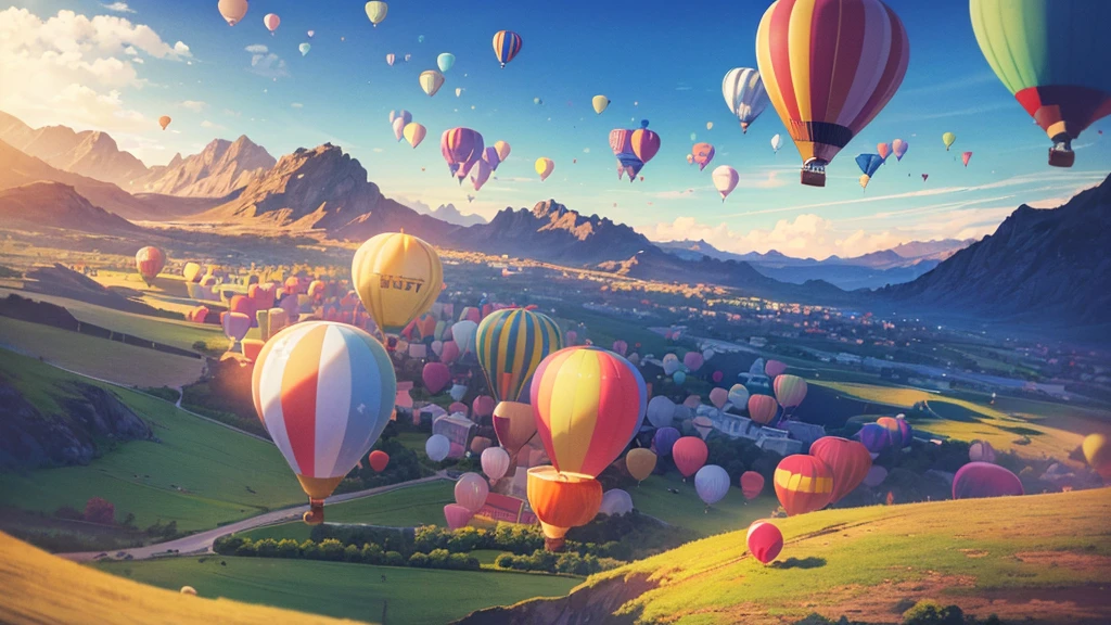 a hot air balloon, hot air balloons, balloon festival, colorful balloons, balloons in the sky, balloons floating, balloons over a field, balloons with clouds, blue sky with balloons, scenic balloon landscape, peaceful balloon scenery, serene balloon atmosphere, whimsical balloon setting, dream-like balloon scene, enchanting balloon vista, awe-inspiring balloon panorama, (best quality,4k,8k,highres,masterpiece:1.2),ultra-detailed,(realistic,photorealistic,photo-realistic:1.37),vibrant colors,dramatic lighting,cinematic composition,stunning realism,breathtaking scenery,mesmerizing atmosphere