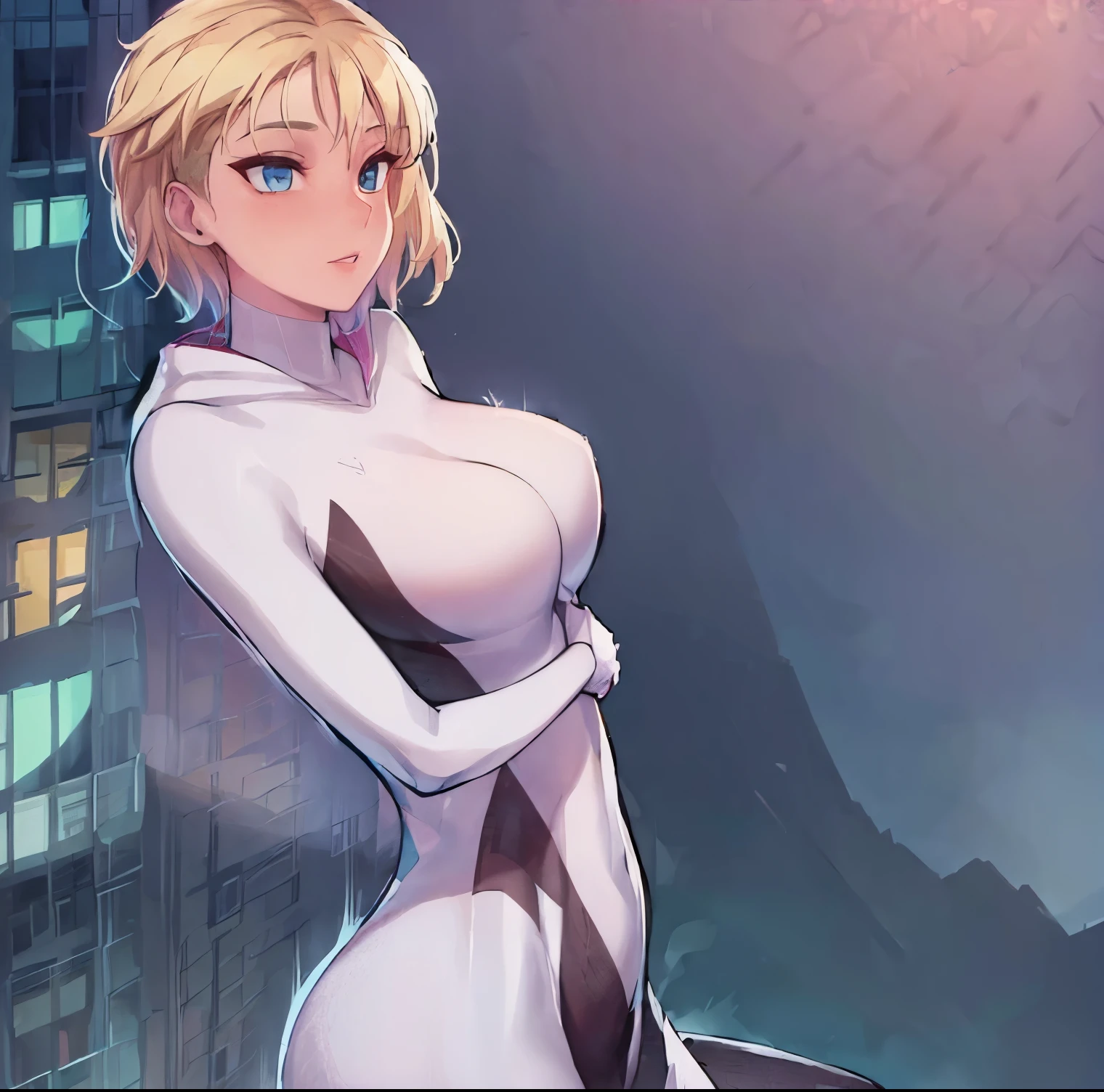 ((1girl)),((alone)),Gwen stacy,\( spiderman\),(masterpiece), (best quality), (ultra detailed), (best illustration), (best shadow), (absurdities), sharp focus, cowboy shot, atmospheric perspective, depth of field, dynamic posture, ((looking at viewer)), medium breasts, narrow waist, medium hips, wide thighs, round butt, erotic, romantic, (highly detailed eyes, lips 1.1), very detailed eyes, eyes, Very detailed face, Very beautiful face, Symmetrical face, Aesthetic face, perfect face, perfect eyes, detailed eyelashes: 1.5), full height, beautiful slim figure, femininity, expressive appearance, elastic big breasts , sexuality, parted lips, (blue eyes), blonde hair, short hair, Ghost spider, gwen in a black suit with a spider in the center of her chest in white, organic looking suit, sticky forehead, symbiote, white eyes, curves, defined body,Perfect and beautiful body, perfect and beautiful, closed mouth, mocking smile, flirtatious expression,(sexy pose: 1.2), ((solo)), standing: 1.3,((outdoor, cityscape, city, rooftop of a skyscraper, buildings, leaning on a railing, buildings, night, city lights)), Looking forward, ((focus on the hips)), point of view: (from above), perfect anatomy, perfect hands