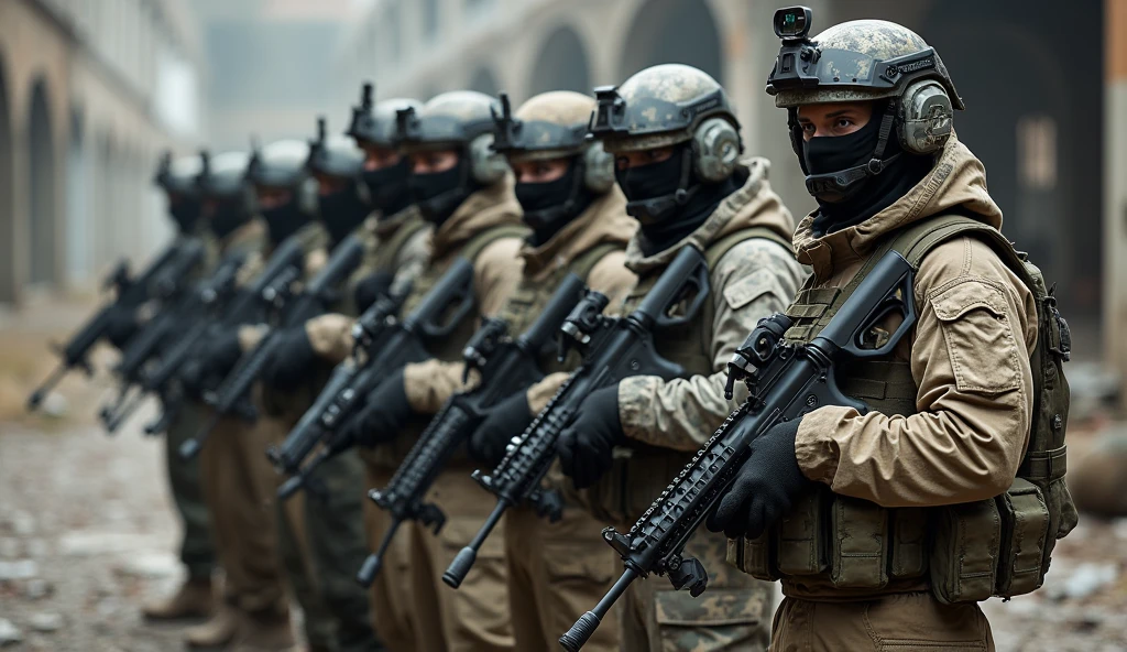 high quality photograph of a group of airsoft players standing in a row at an abandoned, derelict location, possibly an old industrial site or a crumbling building. They are dressed in tactical gear that strikes a balance between professionalism and practicality, with outfits adapted to the gritty, urban environment. Their camouflage varies slightly, with some opting for urban camo patterns while others wear muted tones to blend in with the concrete and rubble. Lightweight tactical helmets and balaclavas, in shades of grey and brown, cover their faces for protection and anonymity. Each player is equipped with a sleek airsoft replica of the M4A1 LVOA-C, featuring mock suppressors and red dot sights for realism. Despite the casual nature of the sport, their coordinated stances and well-chosen gear convey a serious and professional attitude toward their game, highlighting their team spirit and dedication to the airsoft experience in this unique, decaying setting.