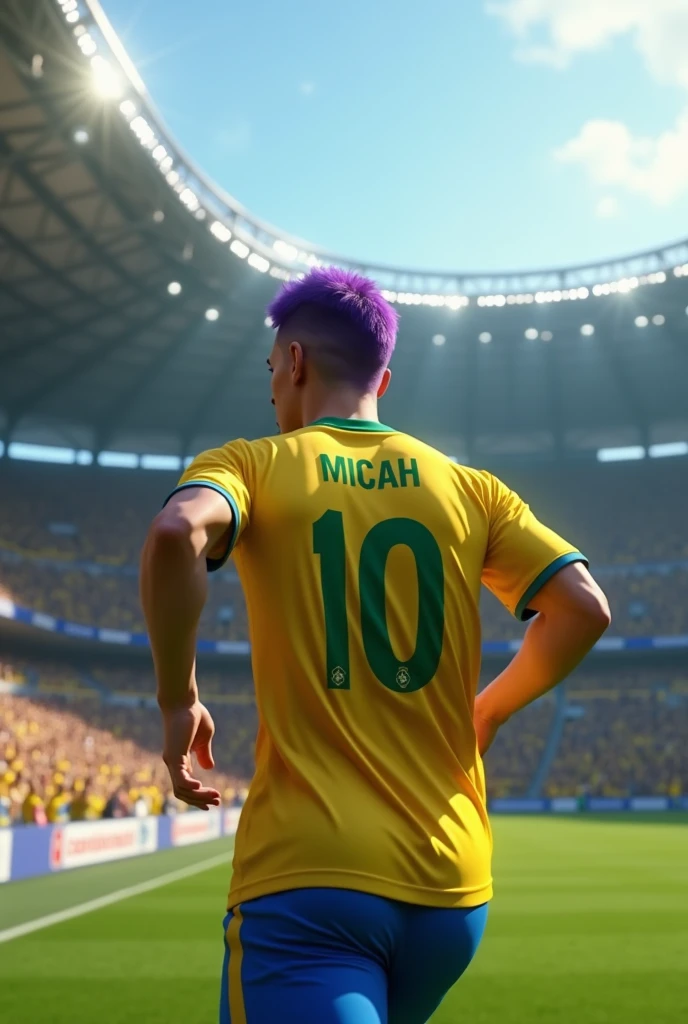create an image of an adult man, short purple hair, with the Brazil shirt with the name "Micah" number 10 from the back running through the stadium (ultra realistic) (from the back)