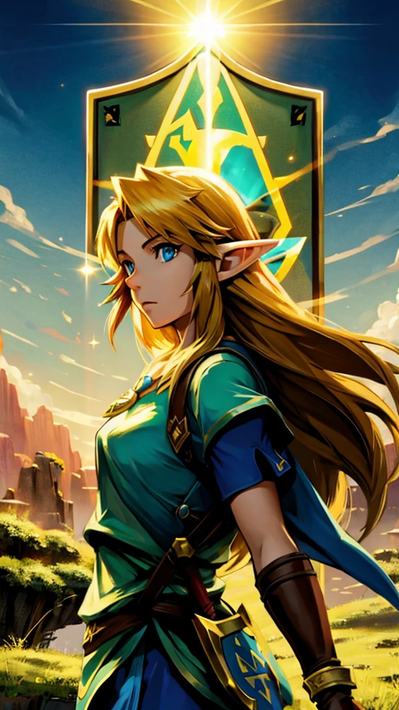 Photorealistic Link from Ocarina of time, alone, poster, 4k final perfect, golden evening sun, hylian shield