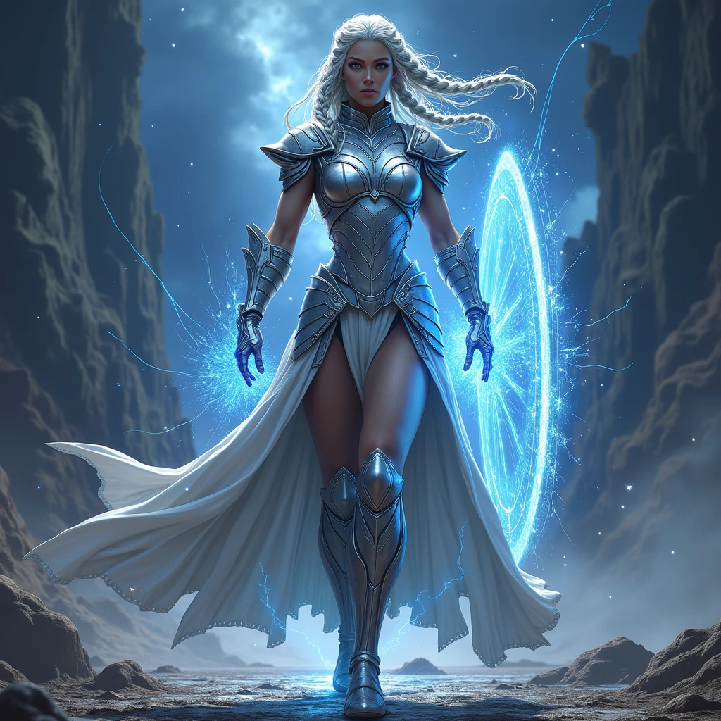 Generate a full body image of Thalindra Steelheart, an imposing guardian. Hyperrealistic art style in the style of the best Lord of the Rings cards. Thalindra is a strong-built woman with tanned skin and silver hair braided with metallic threads.. He wears armor made of metallic scales that glow with blue energy., adapting to your body as if it were alive.
The background shows a cosmic forge with rising stars and nebulas as a backdrop.. Sparks and flashes of energy float around Thalindra, emphasizing the power of his armor.
Crucial details to include:

Facial expression of intense concentration, with eyes that reflect the energy of his armor.
Every scale of the armor must be visible, with edges that emit a subtle blue glow.
The silver braid should have a metallic look, intertwined with fine threads that look like circuits.
defensive pose, with a partially visible energy shield forming in front of her.
The ground beneath your feet must feel like molten metal., reflecting the cosmic environment.

Use a color palette dominated by metallic blues, silver and flashes of cosmic energy to capture the essence of a guardian forged in the stars."
The character has to come out in full body, make more details in the background. She has big breasts.