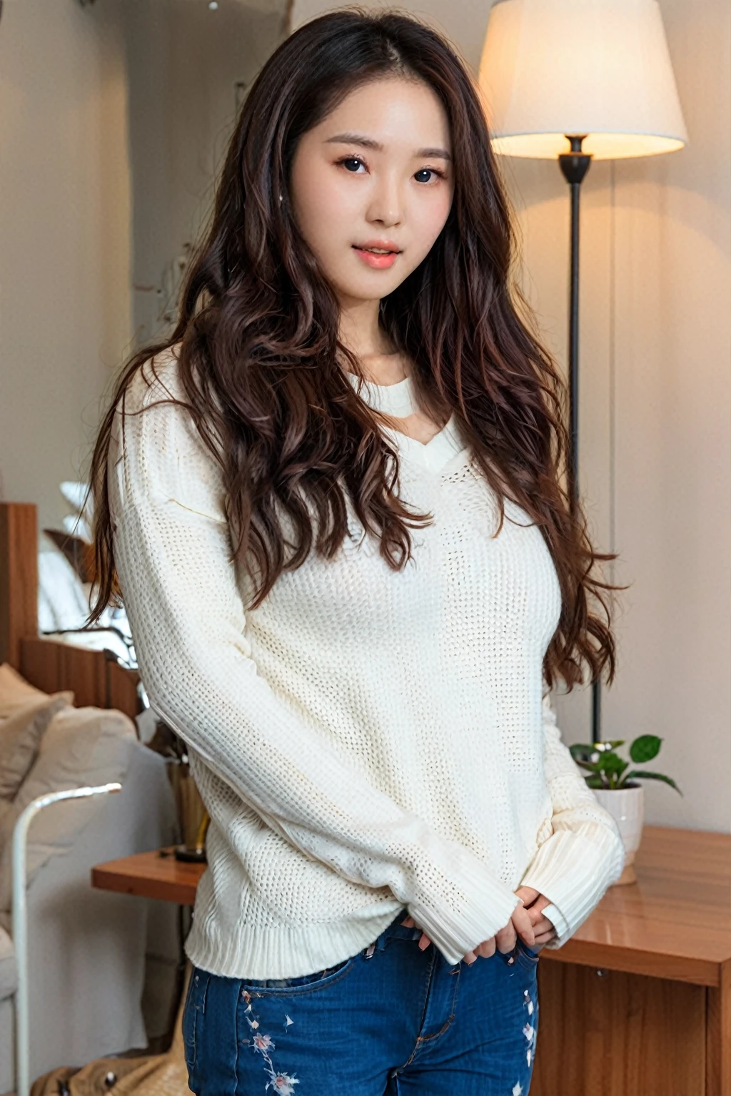 araffe asian woman with long hair wearing a white sweater and jeans, gorgeous young korean woman, beautiful young korean woman, asian girl with long hair, beautiful south korean woman, young adorable korean face, korean girl, cute young woman, young cute wan asian face, heonhwa choe, jaeyeon nam, cute korean actress, with long hair