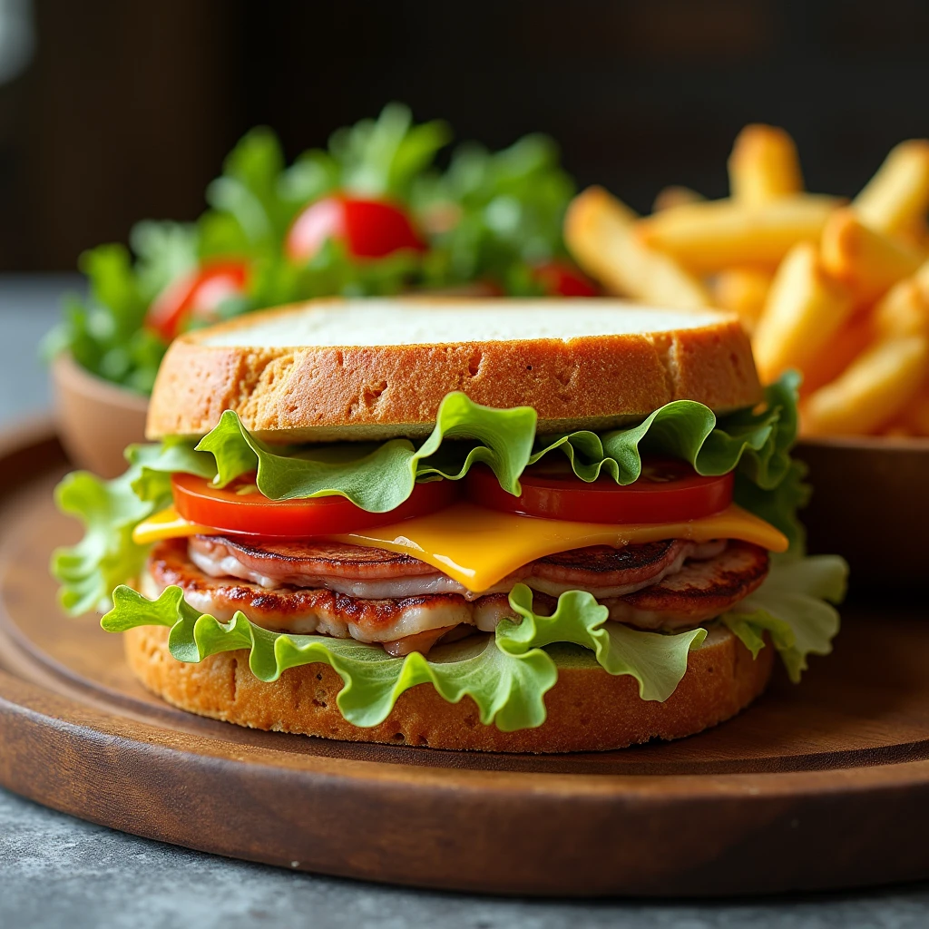 Create a super high-quality photograph of a gourmet sandwich, highlighting its appealing layers and textures. The image should feature a close-up view of the sandwich, showcasing fresh, crisp ingredients such as vibrant lettuce, juicy tomatoes, sliced meats, cheese, and any additional fillings. Arrange the sandwich on a clean, elegant plate or a rustic wooden board, with a side of fries or a small salad for added visual interest. Use natural or soft lighting to enhance the texture and colors of the ingredients, ensuring the lighting highlights the sandwich’s layers without creating harsh shadows. The background should be simple and uncluttered to keep the focus on the sandwich. The photograph should have sharp focus, vivid colors, and rich detail, capturing the delicious and appetizing nature of the sandwich.