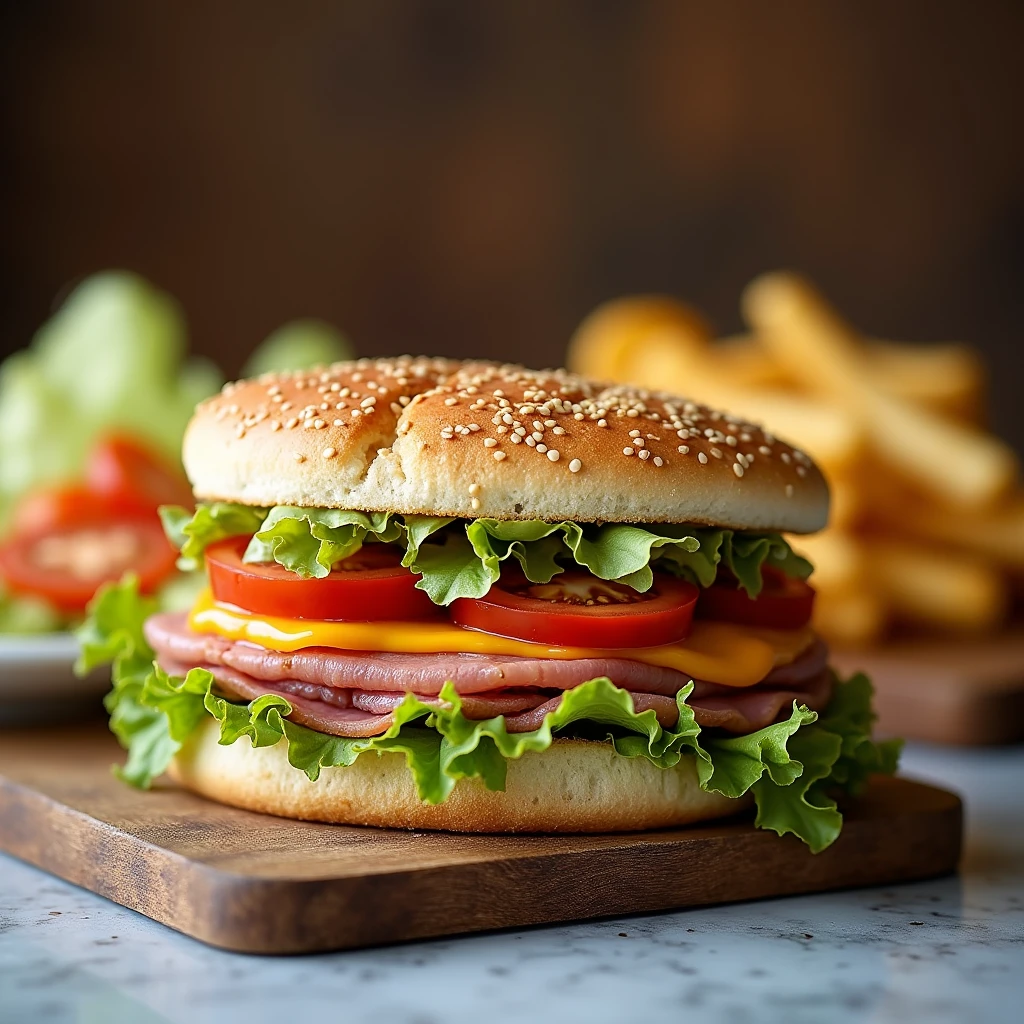 Create a super high-quality photograph of a gourmet sandwich, highlighting its appealing layers and textures. The image should feature a close-up view of the sandwich, showcasing fresh, crisp ingredients such as vibrant lettuce, juicy tomatoes, sliced meats, cheese, and any additional fillings. Arrange the sandwich on a clean, elegant plate or a rustic wooden board, with a side of fries or a small salad for added visual interest. Use natural or soft lighting to enhance the texture and colors of the ingredients, ensuring the lighting highlights the sandwich’s layers without creating harsh shadows. The background should be simple and uncluttered to keep the focus on the sandwich. The photograph should have sharp focus, vivid colors, and rich detail, capturing the delicious and appetizing nature of the sandwich.