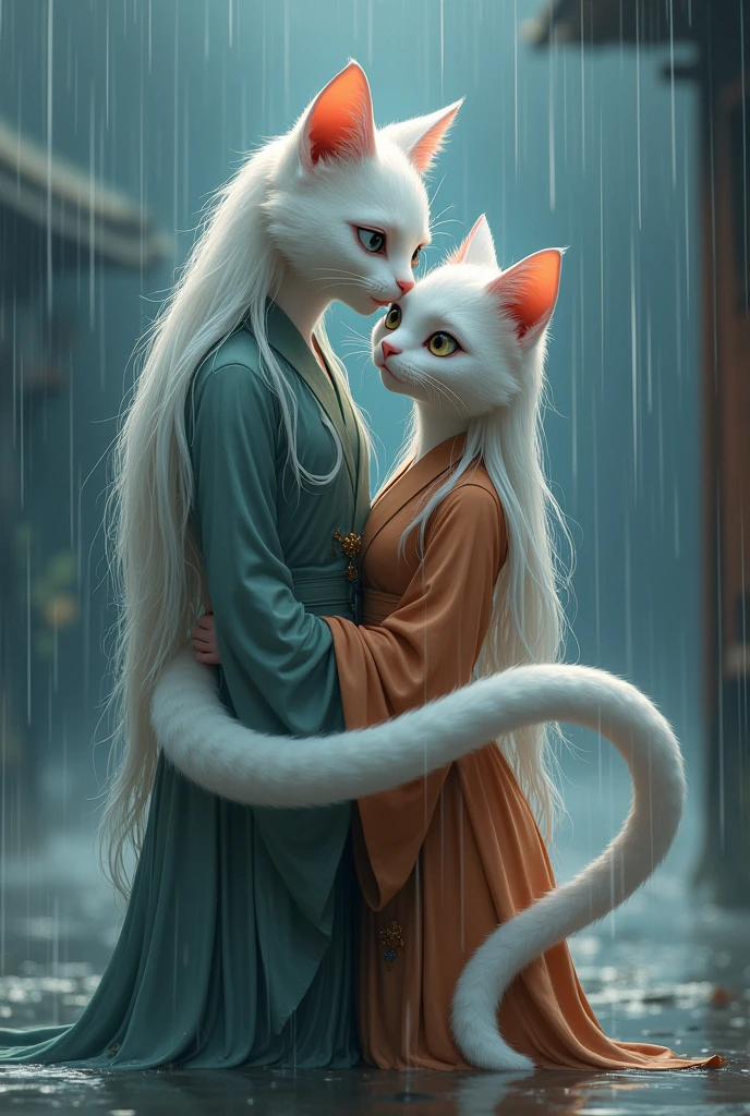 The female cat leans gently on his shoulder, her white fur also damp from the downpour. Her long, wet hair clings to her back, and she’s dressed in a traditional outfit that’s now drenched, with the fabric clinging to her slender, graceful figure. Her eyes are wide and serene, conveying trust and affection. The couple stands close, with their tails intertwined, symbolizing their bond.