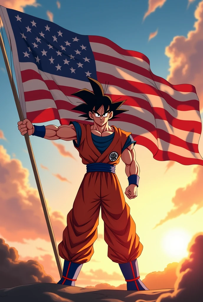 Goku holding the flag of North American independence