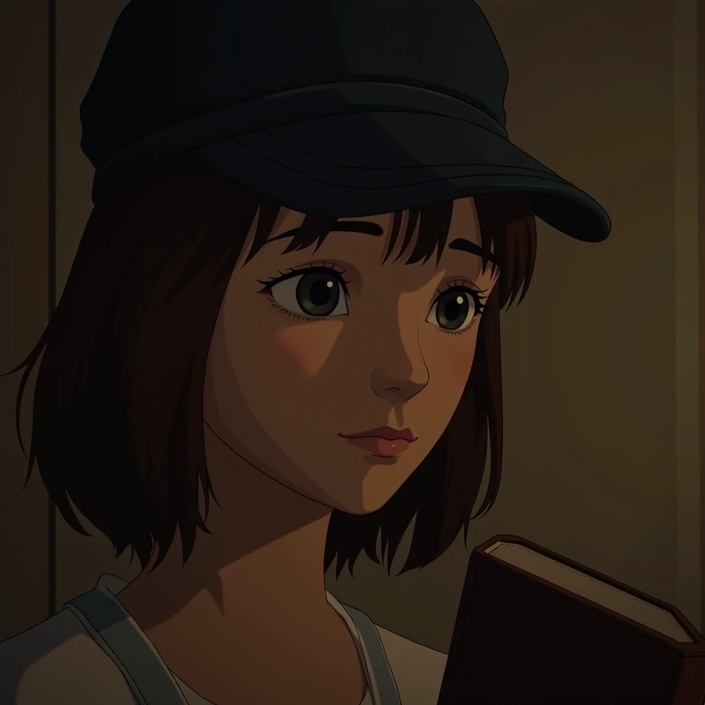A close-up of a person wearing a dark blue cap holding a book in a room, Portrait of Max Caulfield, cloe price, cloe price from Life is strange, kate obispo, Life is strange, Screenshot of the 2020 video game, female protagonist, female protagonist 👀 :8, video game scene, female main character, female character, Close-up of character portrait, character close up, Betty Cooper