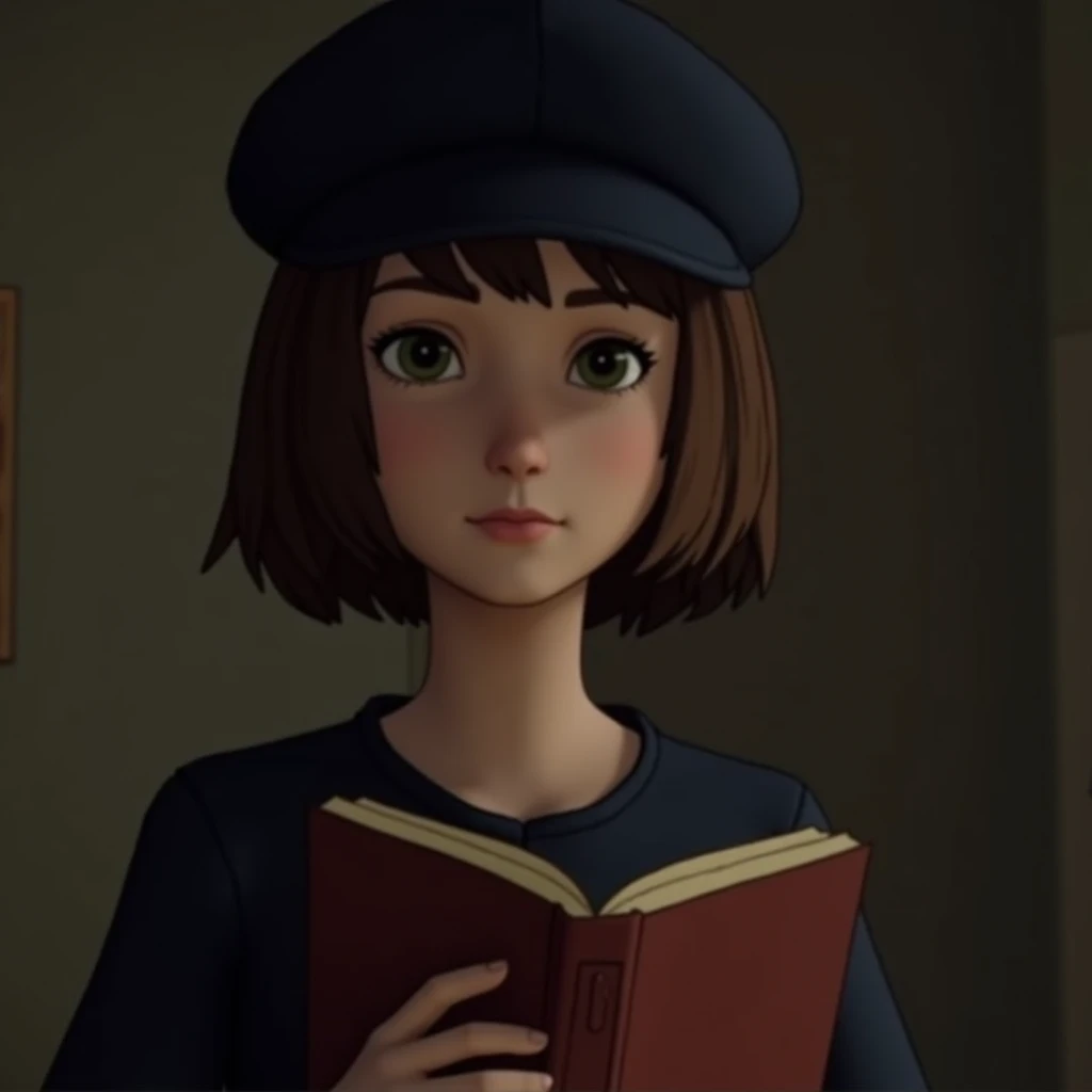 A close-up of a person wearing a dark blue cap holding a book in a room, Portrait of Max Caulfield, cloe price, cloe price from Life is strange, kate obispo, Life is strange, Screenshot of the 2020 video game, female protagonist, female protagonist 👀 :8, video game scene, female main character, female character, Close-up of character portrait, character close up, Betty Cooper