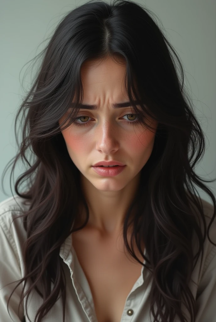 A realistic image of a woman with long, dark hair that is visibly thinning and falling out. She has a sad, worried expression on her face, with furrowed brows and downcast eyes. The background is soft and neutral, keeping the focus on her emotional struggle with hair loss.