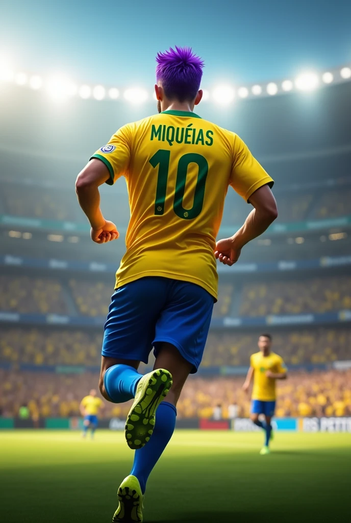 create an image of an adult man, short brown hair, with the Brazil shirt with the name "Miquéias" number 10 from the back running through the stadium (ultra realistic) (from the back)
