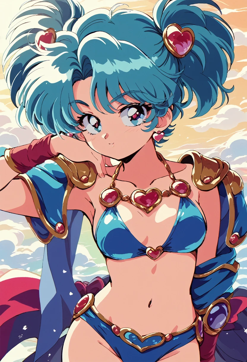 "(Yag:1.1), score_9, score_8_superior, score_8, japan anime, retro anime style, anime screencap, anime coloring, One girl, Twin tails, Exquisitely detailed body, Sexy Face, Bikini Armor, Shoulder pads, heart jewelry, sleeve, Sexy pose, View your viewers