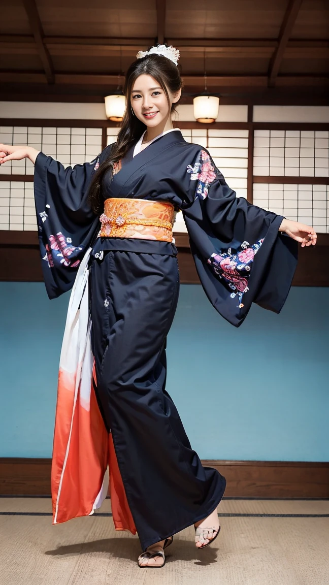 (SeaArt creates stunning illustrations of beautiful women in kimono)、Vividly colored Japanese Ukiyo-e style illustrations、A beautiful woman smiles and shows her upper white teeth、Brown-black long hair、Beautiful full body style、If you want to dance, let&#39;s dance, Tokyo Ondo, Yoi Yoi、Beautiful new digital paintings,、Bright vibrant digital anime art、 Beautiful anime portraits、background,Torii gate front of Japanese shrine、 Detailed digital anime art、