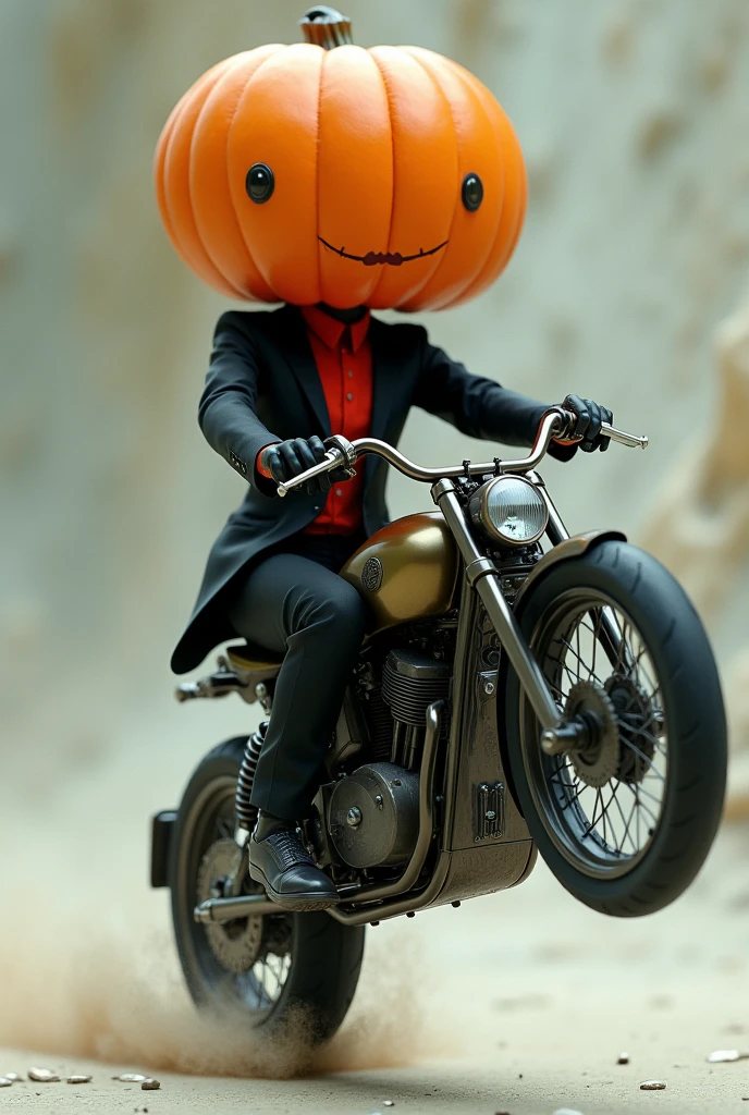 A character with a large pumpkin head and a black suit and inside the suit a red blouse, and he's doing a wheelie on a motorcycle.