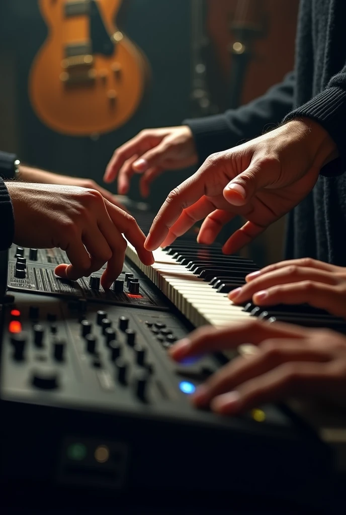 Hands going towards musical instruments 