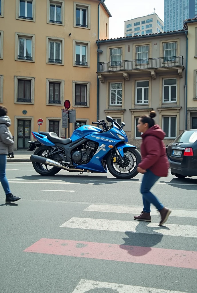 Mettre la moto de l'image en evidence dans une ville cyberpunk avec les neons des batiments bleu