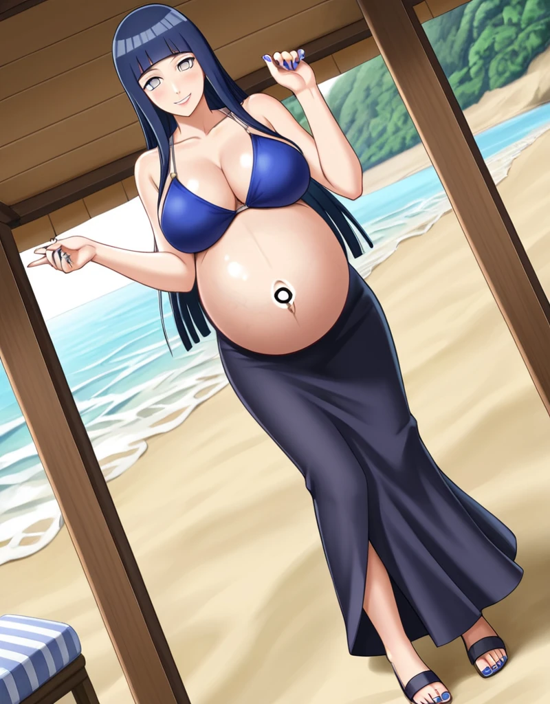 HYUUGAHIN, LIGHT GRAY TOP, "BLACK LONG HAIR", BLUE EYES, 1GIRL, BLUNT BANGS, Hinata Hyuga, Naruto: The Last, long indigo hair, straight hair, soft bangs, pale lavender eyes, mature, refined, elegant,
high-quality, ultra-detailed, beast quality, 8K resolution, anime style, beach,
looking at viewer, dutch angle, cowboy shot, smile, pregnant belly, large belly, big belly, big Breasts, belly button, bikini, skirt,
1girl,solo, indoors, happy, Smiling, rub belly,
full body, Nail polish, 