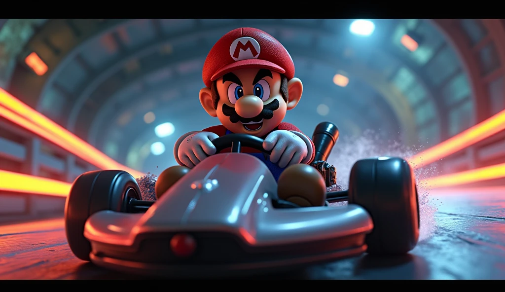 Angry Mario on a go-kart in the foreground, with a dark Mario Kart Double dash circuit in the background.