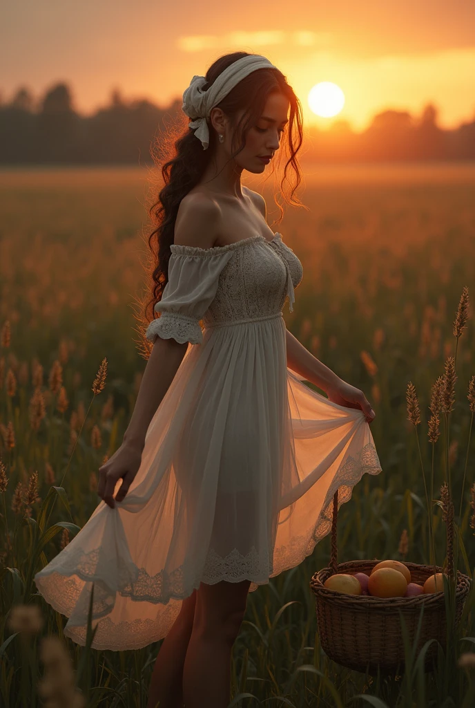 (photorealism:1.2), beautiful woman, brown hair style, on a field, with high grama, with a white scarf on her head, a transparent white peasant-style dress, country-style dress, dark and gloomy atmosphere, posing sideways and looking towards the ground, Transparent dress, realist, intricate details, warm color environment, Lifting up her dress and showing her beautiful legs, extremely bright sun in the background, pose sensual, posing like a top model, with a basket of fruit on the floor
