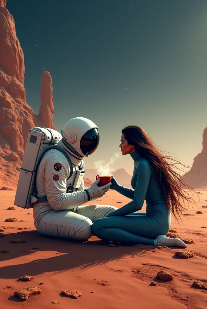 A spaceman and a woman drinking mate on a table on the planet Mars