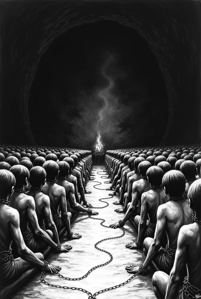 Create hatching drawing, black and white representing all the villagers sitting in rows, chained and looking at the back wall of the cave with the shadows cast by the fire. 