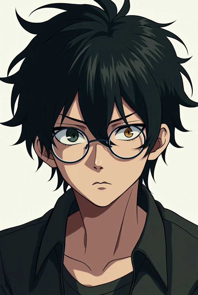 Anime guy , black hair , circle glasses, lazy eye messy hair , serious face